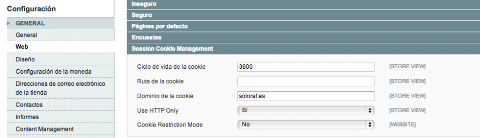 Configuración Sistema Administracion de Magento